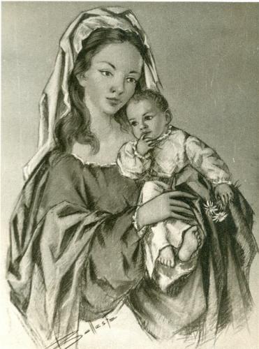 1958 La Virgen María y el Niño con margaritas y dedo en la boca
